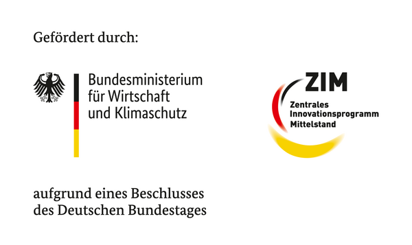Förderlogo des Bundesministeriums für Wirtschaft und Klimaschutz, rechts daneben das Logo des Zentralen Innovationsprogramms Mittelstand